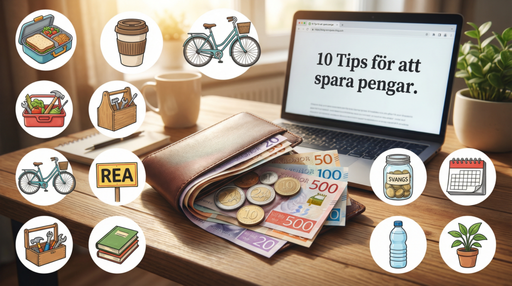 Visar 10 olika sätt att spara pengar.