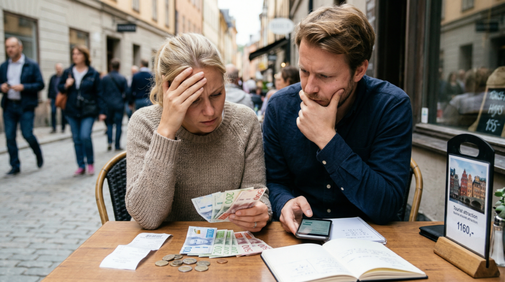 Resekostnader som spräcker budgeten – och hur du undviker dem. Ett par sitter och planerar en resebudget.